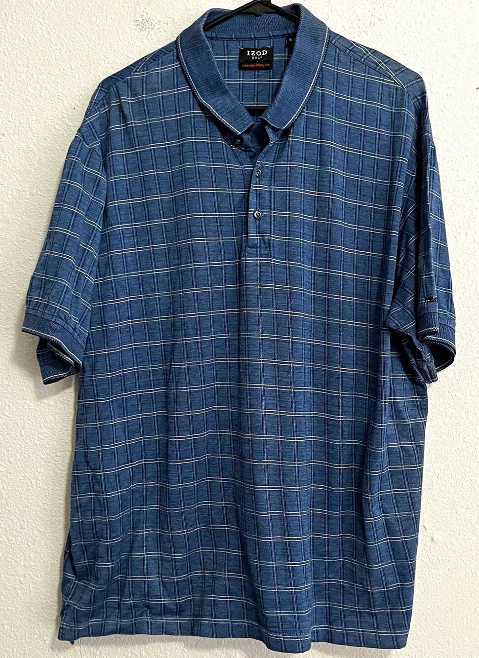 IZOD Golf Cotton Cool-FX Polo Blue Plaid 100% Cotton Short Sleeve Men's 2XL